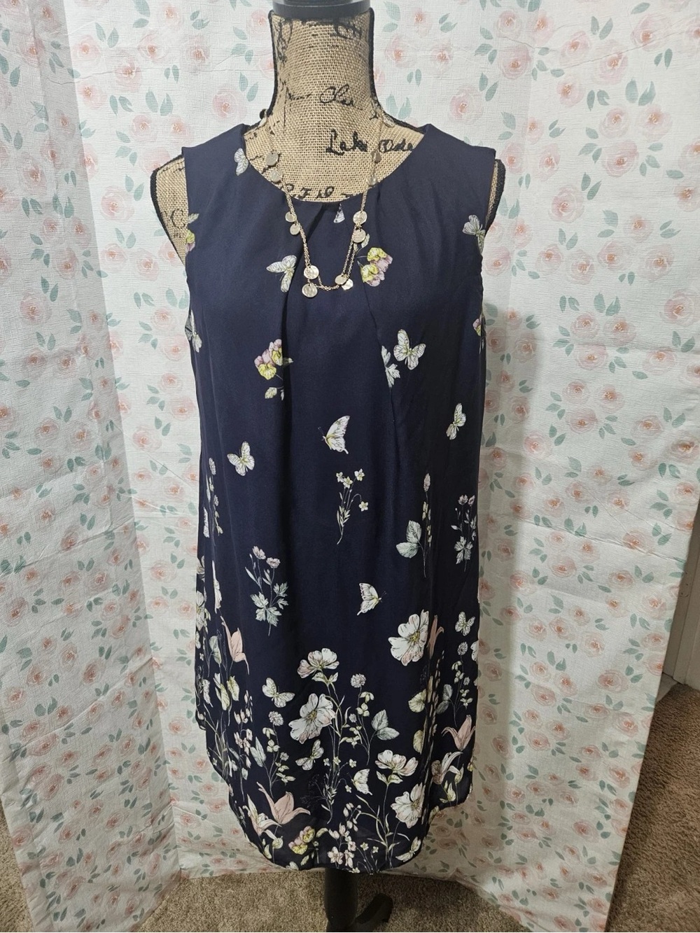 Navy Floral & Butterfly Sleeveless Mini Dress